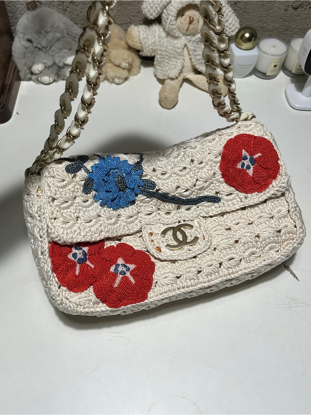 CHANEL Cream Crochet Shoulder Bag with Red and Blue Floral Embroidery
